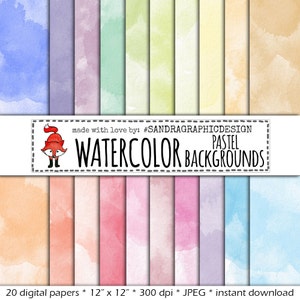 Watercolor digital paper: &quot;PASTEL WATERCOLOR&quot; with watercolor background papers in beautiful pastel colors, instant download (1254)