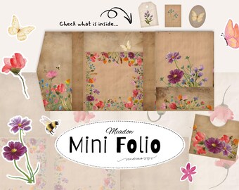 Meadow Mini Folio Printable Set | Junk Journal Kit | Wildflower Poppy Butterfly Bee Vintage Paper | Pockets Inserts Ephemera | Print at Home