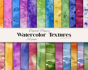 Watercolor Texture Digital Paper Pack – 24 Colorful Watercolor Backgrounds, 12x12 Inch JPG, Printable Scrapbook Paper, Instant Download