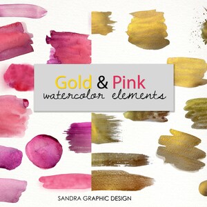 Pink and Gold watercolor elements clip art