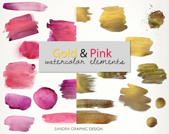 Clip art waterverf elementen in roze en goud