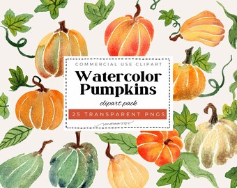 Watercolor Pumpkins Clipart Set | 25 PNG Files | Orange & Green Pumpkin Illustrations | Fall Harvest Clipart | Commercial Use