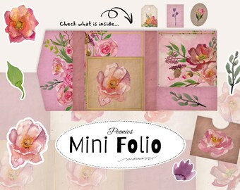 Peony Mini Folio Printable Set | Junk Journal Kit | Watercolor Peony Floral Green Leaves Vintage Paper | Pockets Inserts Ephemera