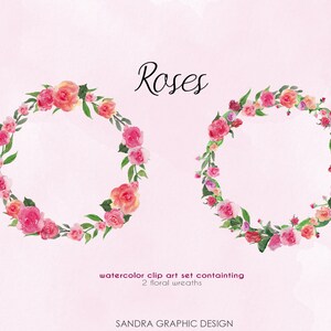 Puede incluir: Dos coronas florales de acuarela con rosas rosas y rojas y hojas verdes. La palabra "Roses" est&aacute; escrita en escritura negra encima de las coronas. El texto "watercolor clip art set containing 2 floral wreaths" est&aacute; debajo.