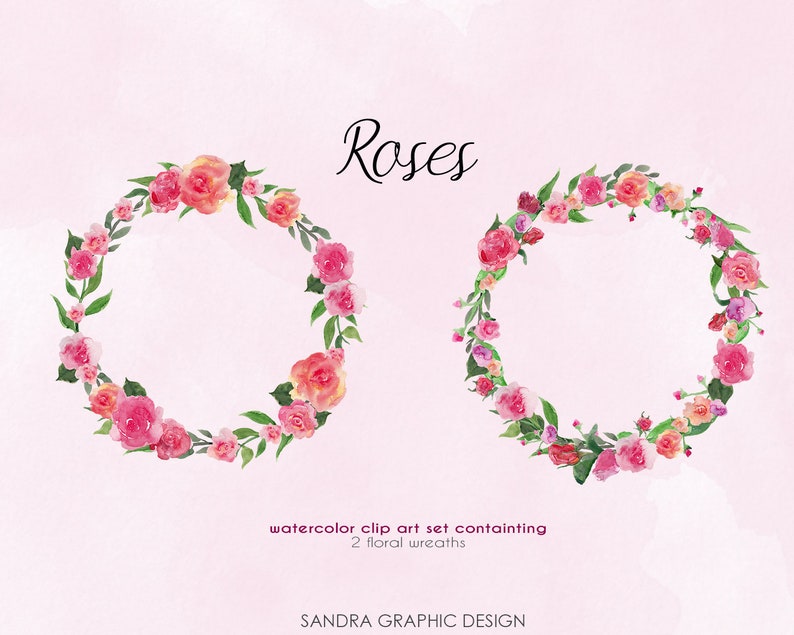 Puede incluir: Dos coronas florales de acuarela con rosas rosas y rojas y hojas verdes. La palabra "Roses" est&aacute; escrita en escritura negra encima de las coronas. El texto "watercolor clip art set containing 2 floral wreaths" est&aacute; debajo.