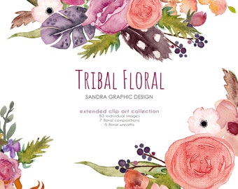 Floral tribal clip art, hand painted watercolor clip art, digital flowers, peony flowers 96 PNG  files