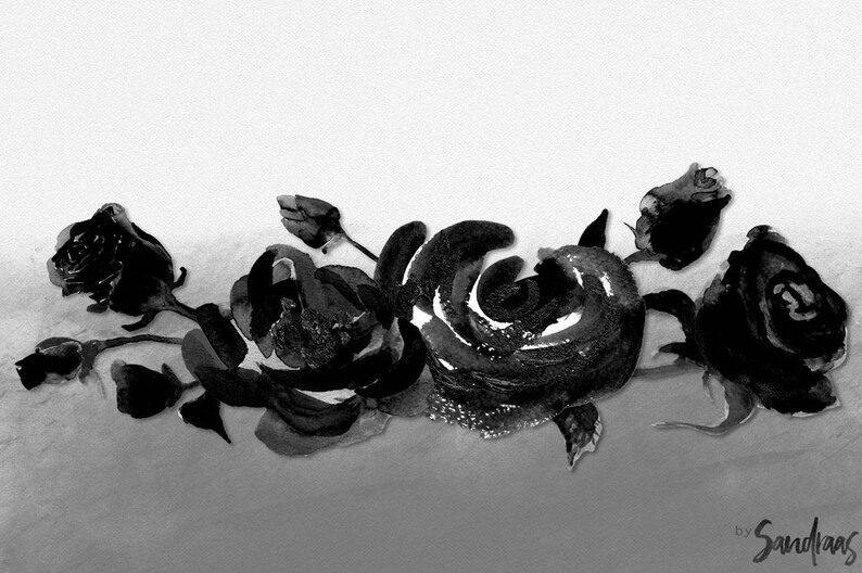 May include: Black and white watercolor painting of a floral arrangement. The artwork features several dark roses with detailed petals and buds, arranged on a stem. The background is a soft, gradient wash.