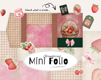 Strawberry Mini Folio Printable Kit – Junk Journal Ephemera, Vintage Gingham, Watercolor Strawberries, DIY Mini Book, Instant Download