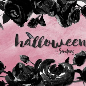 May include: Watercolor illustration with black roses and the word "Halloween" in a script font, with a small bird perched on the letter "a". The background is a soft pink.
