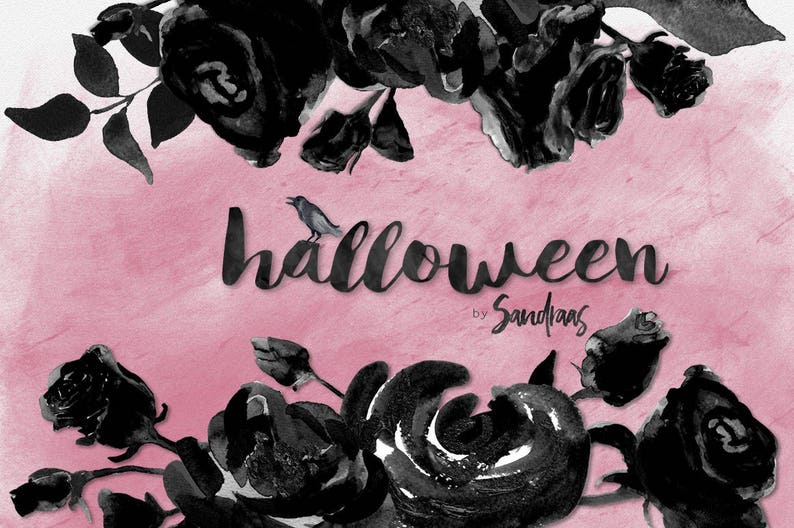 May include: Watercolor illustration with black roses and the word "Halloween" in a script font, with a small bird perched on the letter "a". The background is a soft pink.