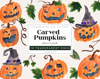 Watercolor Halloween Pumpkin Clipart Set – Hand Painted Jack O’ Lanterns, Carved Pumpkins PNG Bundle, Cute Spooky Clip Art, 18 Images