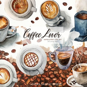 Coffee Watercolor Clipart Set – Hand Painted Coffee Cups PNG Bundle, Coffee Beans & Latte Illustrations, Cozy Café Digital Clip Art