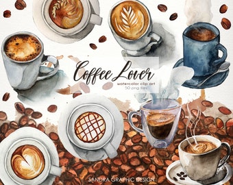 Coffee Watercolor Clipart Set – Hand Painted Coffee Cups PNG Bundle, Coffee Beans & Latte Illustrations, Cozy Café Digital Clip Art