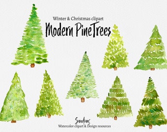 Christmas clip art: "MODERN TREES"  hand painted watercolor trees, 8 clipart 300 dpi PNG  files