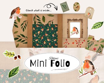 Robin Mini Folio Printable Kit – Junk Journal Ephemera, Watercolor Birds, Vintage Nature Kit, DIY Mini Book, Instant Download PDF & JPEG