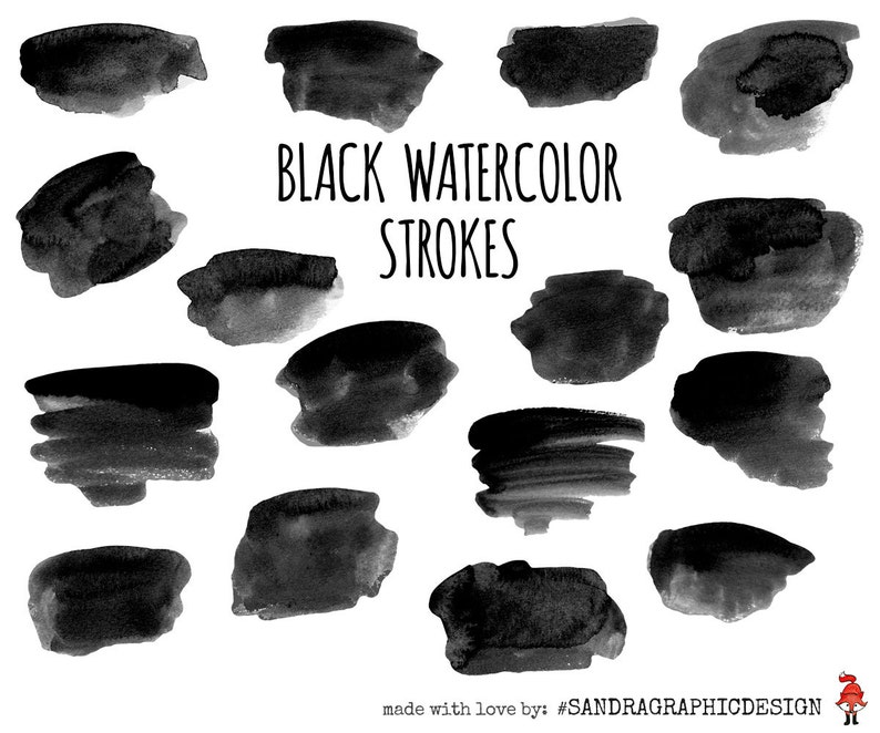 Puede incluir: Una colecci&oacute;n de trazos de acuarela negros de varias formas y tama&ntilde;os sobre un fondo blanco. El texto "BLACK WATERCOLOR STROKES" se muestra en negro, con una fuente sans-serif. La imagen es un elemento de dise&ntilde;o gr&aacute;fico.
