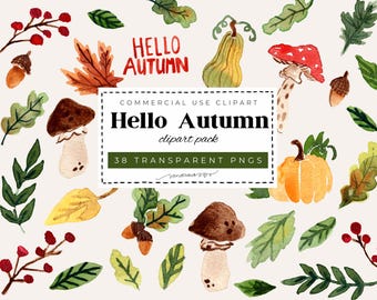 Hello Autumn Watercolor Clipart Set | 38 PNG Files | Fall Leaves Mushroom Acorn Berry Illustrations | Hand Painted Text | Commercial Use