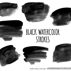 Puede incluir: Una colecci&oacute;n de trazos de acuarela negra de varias formas y tama&ntilde;os sobre un fondo blanco. El texto "BLACK WATERCOLOR STROKES" se muestra en una fuente manuscrita. La imagen es un elemento de dise&ntilde;o gr&aacute;fico.