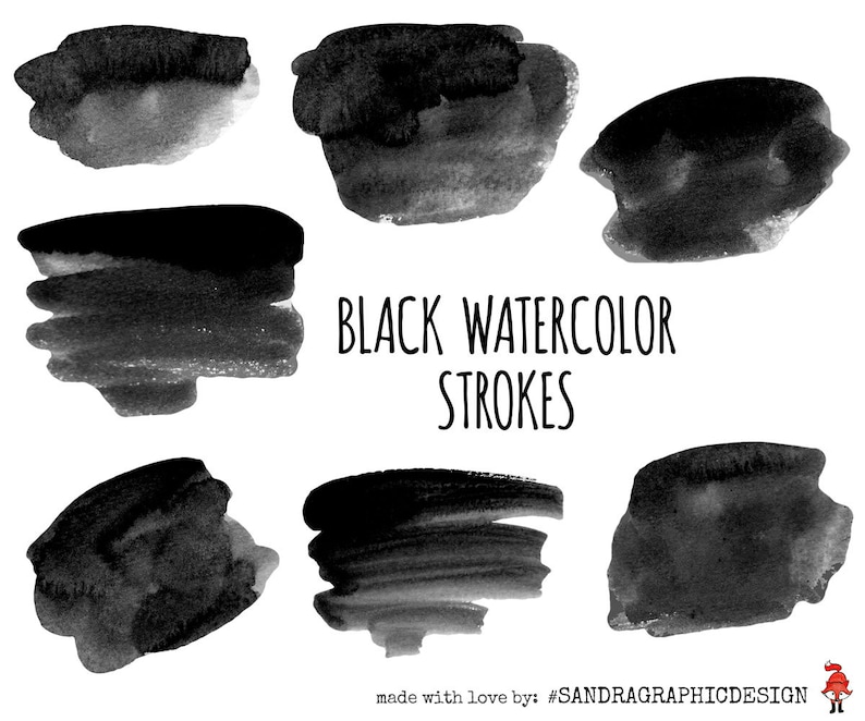Puede incluir: Una colecci&oacute;n de trazos de acuarela negra de varias formas y tama&ntilde;os sobre un fondo blanco. El texto "BLACK WATERCOLOR STROKES" se muestra en una fuente manuscrita. La imagen es un elemento de dise&ntilde;o gr&aacute;fico.