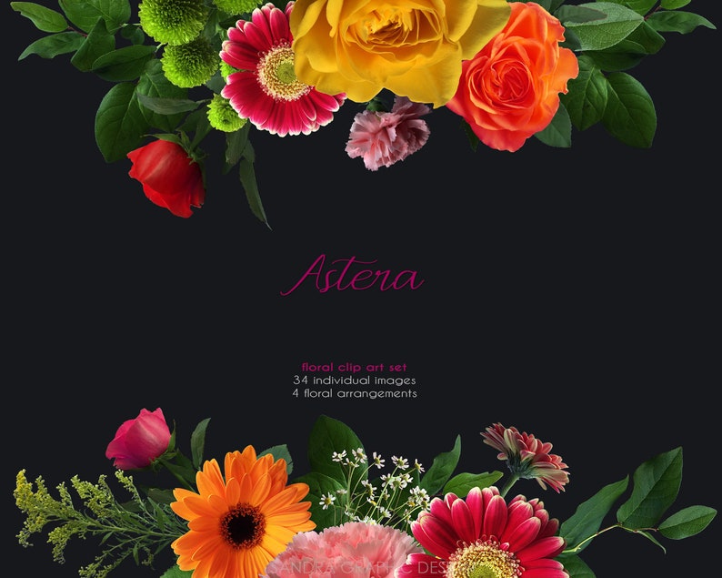 May include: Floral arrangement with a dark background. The top and bottom of the image are adorned with a variety of flowers, including roses, gerberas, and carnations, in shades of red, orange, and yellow. Green leaves and small white flowers are interspersed. The word "Astera" is written in pink cursive.