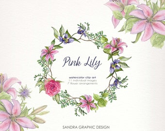 Pink lily watercolor clip art with pretty florals