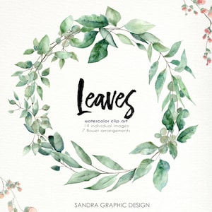 Leaves watercolor clip art with pretty foliage wreaths