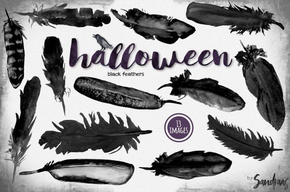 Halloween clipart: "Zwarte veren" met griezelige zwarte met de hand geverde veren halloween clipart (5198)