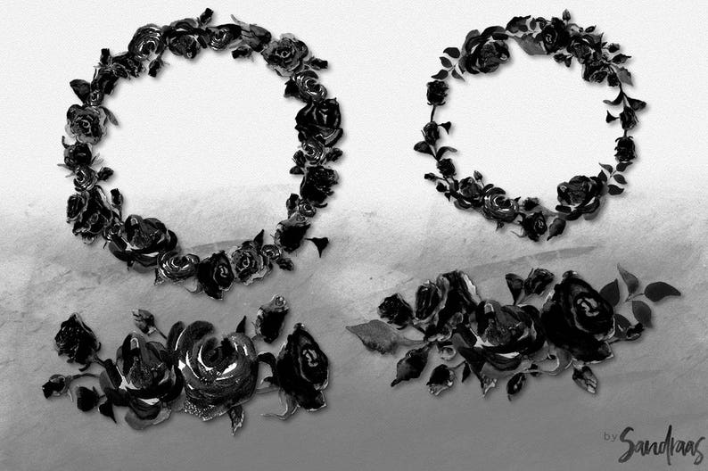 May include: Black and white floral wreath and floral arrangements. The image features two circular wreaths and two floral arrangements. The flowers are roses and are in various stages of bloom. The background is a gradient of gray and white.