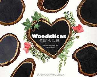 Watercolor Woodslices Chalk Clipart- Handpainted clip art - Tree slices - Forest plants - Download