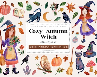 Cozy Autumn Witch Watercolor Clipart PNG Bundle | 52 Witchy Halloween & Fall PNGs | Witches, Black Cats, Mushrooms and Magic
