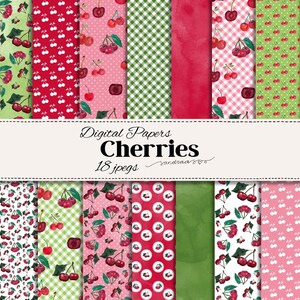 Op de afbeelding: Een verzameling digitale papieren met kersenpatronen. De papieren bevatten verschillende ontwerpen, waaronder stippen, ruitjes, aquarelwashes en kersenillustraties in rood, roze en groen. De tekst "Digital Papers Cherries 18 jpegs" staat op een witte banner.