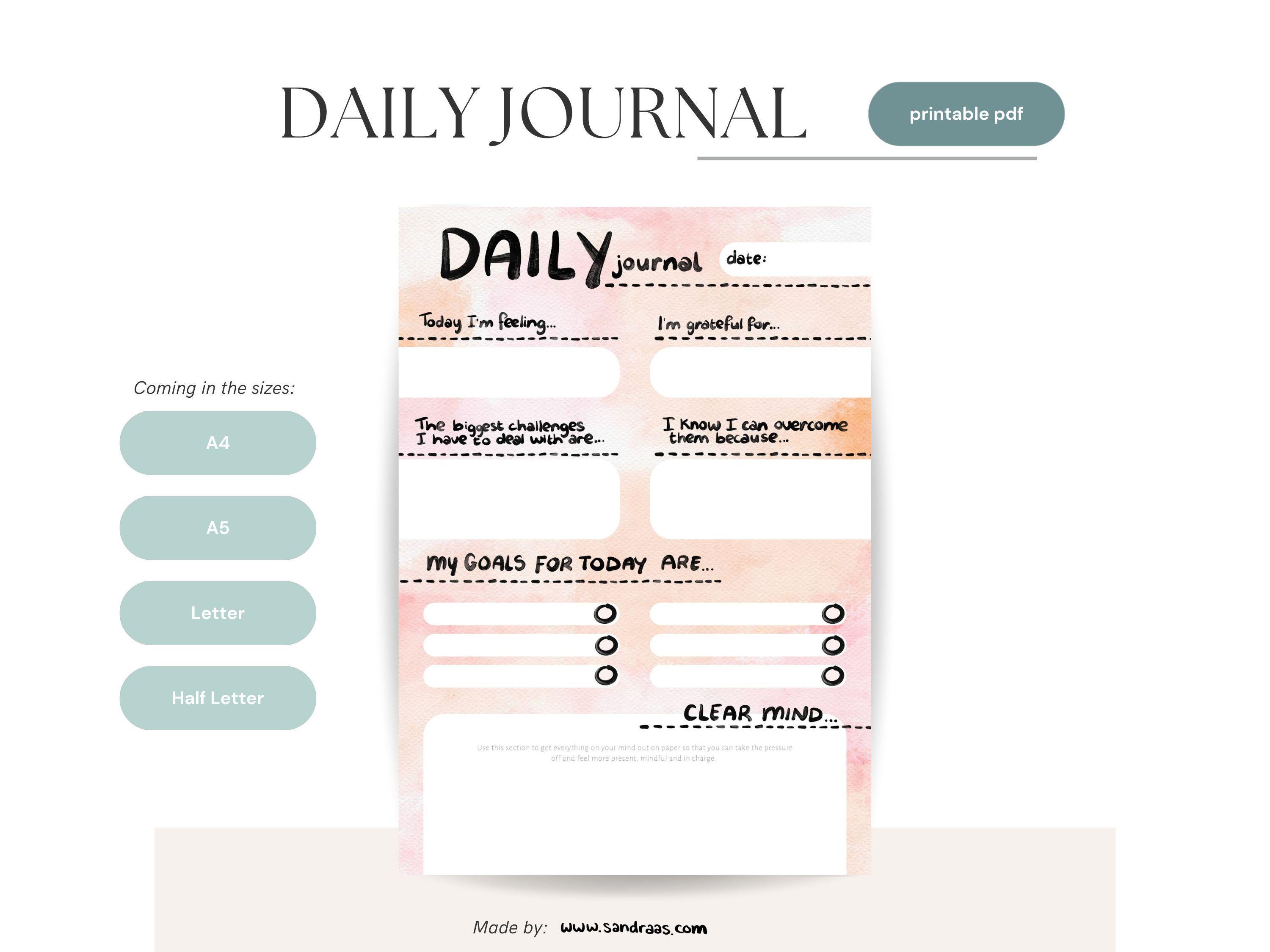 Daily Journal Printable PDF – Watercolor Self Reflection Planner Page ...