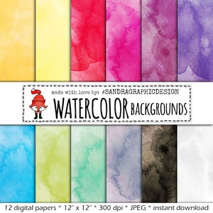 Digital paper: &quot;WATERCOLOR PAPER&quot; with watercolor backgrounds in bright colors / colours, instant download (1255)