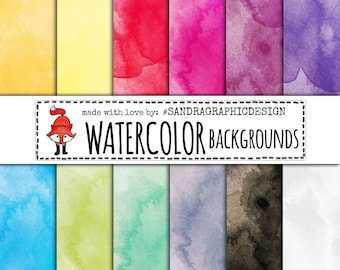 Watercolor Digital Paper Backgrounds | Bright Color Texture Pack | 12 High Resolution 12x12 Inch JPG Papers