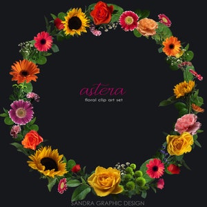 May include: A floral wreath with a variety of colorful flowers, including sunflowers, roses, and gerbera daisies, arranged in a circular shape against a black background. The text "astera floral clip art set" is displayed in pink.