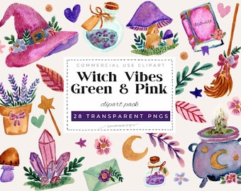 Witchy Vibes Watercolor Clipart PNG Bundle | 28 Cute Witch Halloween PNGs | Purple Pink Green Magical Clipart | Witchy Autumn Graphics