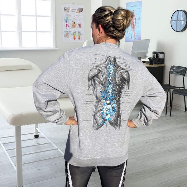 Premium Crewneck Sweatshirt- RMT, LMT, Massage Therapist, RMT, Chiropractor, Anatomy-Back Muscles, Physical Therapist- gray