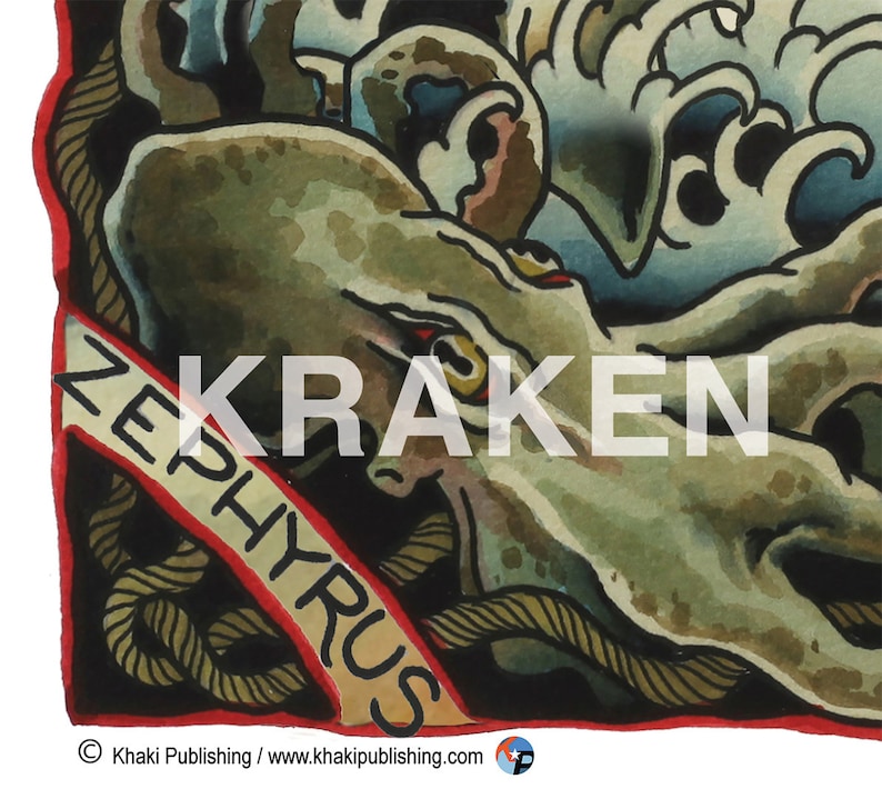 Pu&ograve; includere: Un'illustrazione ad acquerello di un kraken, un mostro marino mitico, con tentacoli e un grande occhio. Il kraken &egrave; circondato da onde e una corda. Il testo "ZEPHYRUS" &egrave; scritto su uno stendardo rosso nell'angolo in basso a sinistra. Il testo "KRAKEN" &egrave; scritto in lettere bianche sul corpo del kraken.