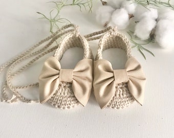 Beige Cotton Ballerina Shoes Baby Ballerina Shoes with Bows Baby Girl Shoes,Baby Girl,Baby Girl Shoes, Crochet Baby Shoes