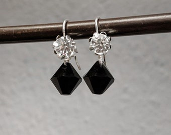 Swarovski Crystal Earrings, Small Drop Rhinestone Earrings, Sparkly Black Crystal Earrings, Dangly Jet Black Earrings Faux Fake Diamonds