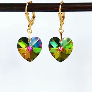 Swarovski Crystal Earrings, Multicolour Hearts, Rainbow Colour Changing Sparkly Earring, Crystal Heart Drop Gold Plated Leverback Earrings