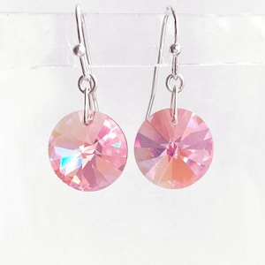 Pendientes de cristal de Swarovski, pendientes colgantes de plata de ley y cristal rosa, Swarovski Light Rose AB, pendientes pequeños redondos iridiscentes brillantes