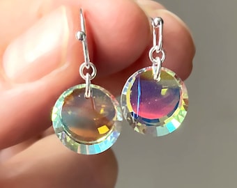 Pendientes de cristal Swarovski, raras cuentas de cristal AB vintage, pendientes colgantes de plata de ley con gancho, cristal iridiscente brillante que cambia de color