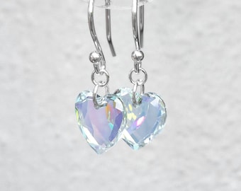 Orecchini di cristallo Swarovski, cuori di cristallo AB, orecchini a cuore pendenti in argento sterling, orecchini a goccia a cuore