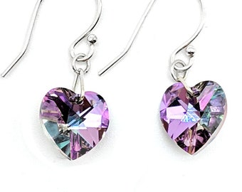 Swarovski Crystal Heart Earrings, Sterling Silver Dangly Earring, Small Drop Earrings, Sparkly Purple Earrings, Swarovski Crystal Hearts