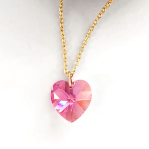 Swarovski Crystal Necklace, Pink Heart Pendant On Gold Plated Chain, Swarovski Pink Love Heart, Sparkly Iridescent Rose Crystal AB Charm