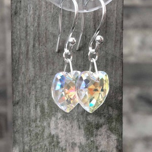 Swarovski Crystal Earrings, Small Heart Earrings, Sterling Silver Dangly Earrings, Crystal AB Earrings, Small Sparkly Aurora Borealis Hearts