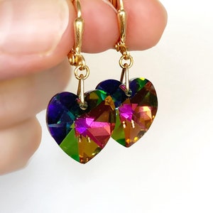 Swarovski Crystal Earrings, Multicolour Colour Changing Heart Crystal Earrings, Sparkly Rainbow Crystal Drop Earrings, Gold Plated Leverback