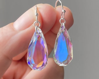 Pendientes Swarovski Crystal AB, pendientes de gancho de plata de ley, cristal iridiscente vintage raro que cambia de color, pendientes colgantes de cristal brillantes