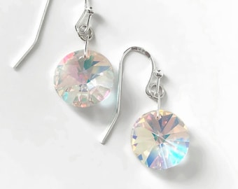 Swarovski Crystal Earrings, Crystal AB Earrings, Sterling Silver Earrings, Vintage Crystal Small Drop Earrings, Iridescent Sparkly Earrings